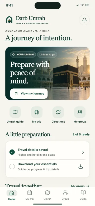 Darb Umrah app design concept showing preparation and trip tools, with sample data